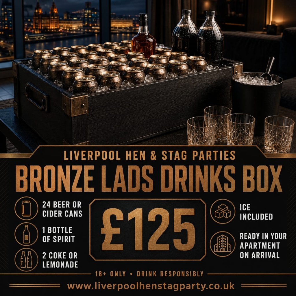 Bronze Lads Drinks Box (£125) with 24 beer or cider cans, spirits, mixers and ice