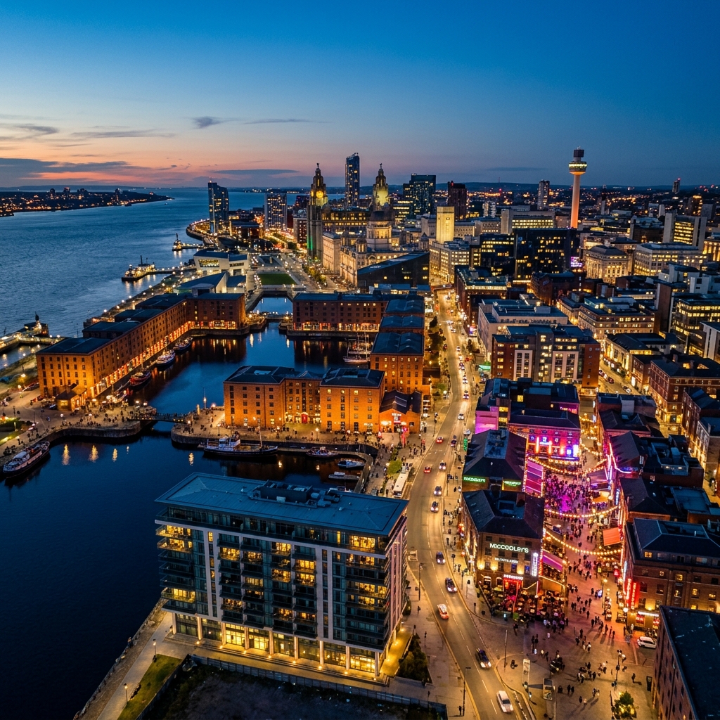 Aerial view of Liverpool city centre activity locations