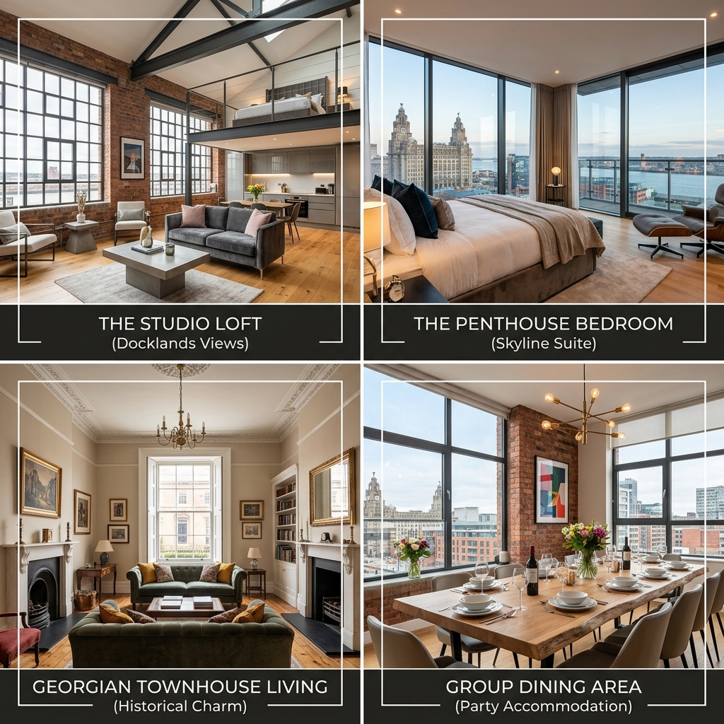 Collage of luxury Liverpool apartment styles including loft, penthouse, Georgian townhouse and group dining