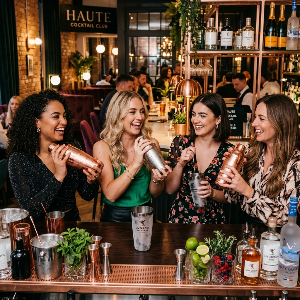 Stylish group of women at a luxury cocktail masterclass in Liverpool