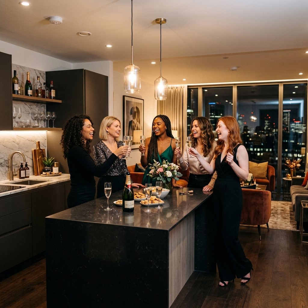 Group of women celebrating with prosecco in a spacious luxury Liverpool apartment