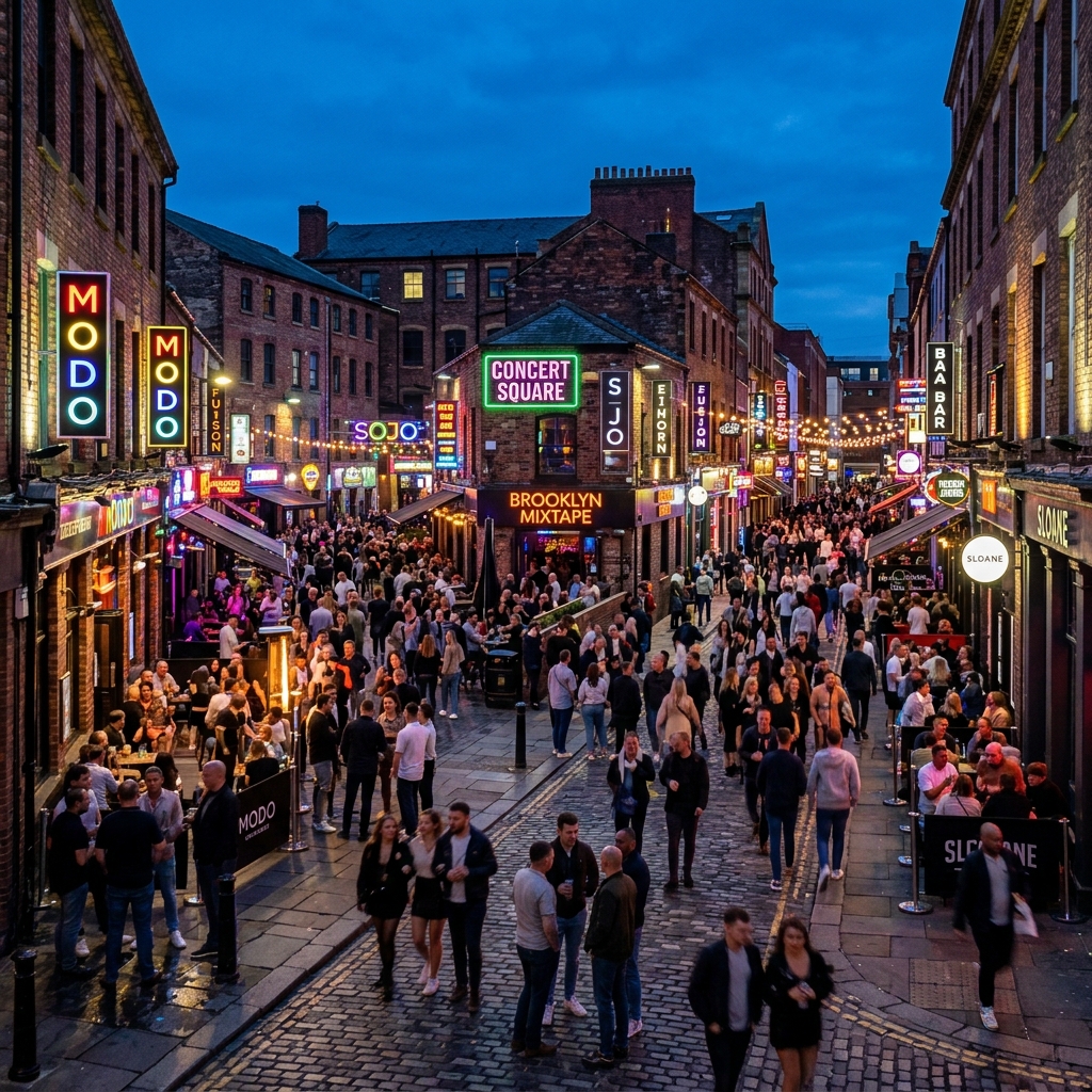 Vibrant Liverpool nightlife and activity district at twilight